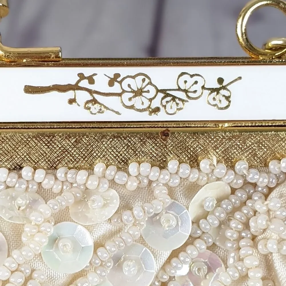 Vintage Hand Beaded Sequin Ivory Clutch Evening Purse by Laura